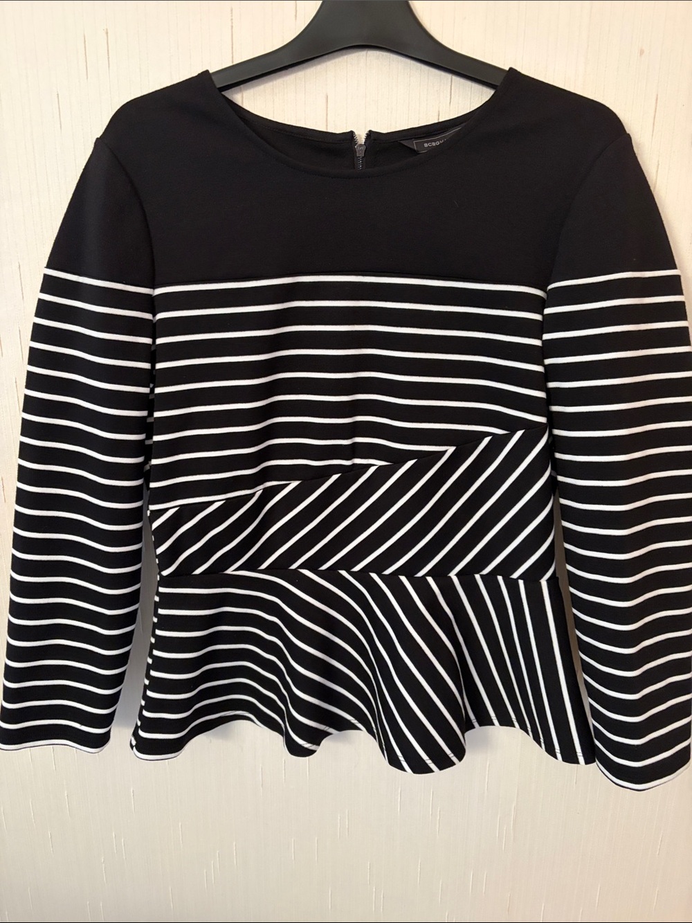 BCBGMaxAzria Black and White Striped Peplum Top